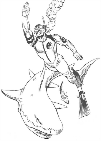 Action Man And A Shark  Coloring Page